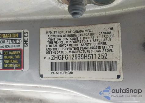 2009 Honda Civic Ex-L из США, поврежденный, VIN 2HGFG12939H511252